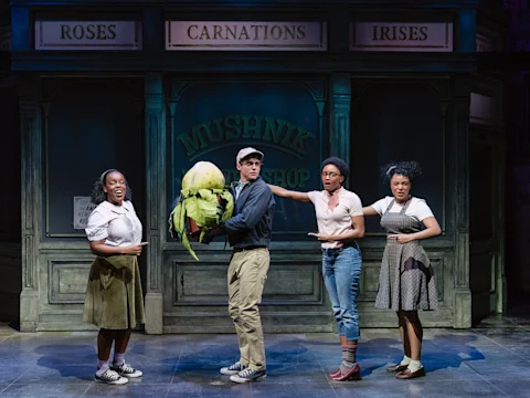 Production photo of Little Shop of Horrors showing four actors stand on stage in front of a flower shop set; one holds a large puppet plant as the others gesture or look toward it.