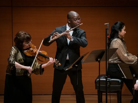 Production shot of The Chamber Music Society of Lincoln Center: Summer Evenings IV in New York City, with Demarre McGill, Flute.