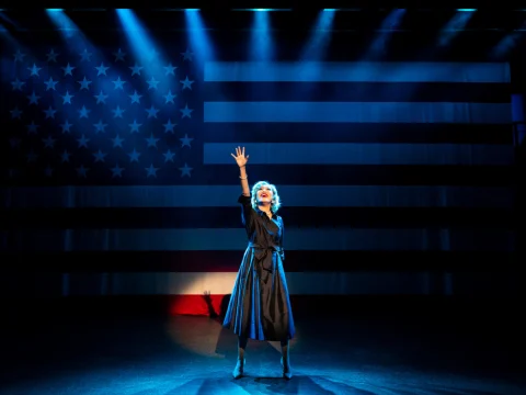 Grace Yoo as Hillary Clinton in Soft Power at Signature Theatre. Photo by Daniel Rader