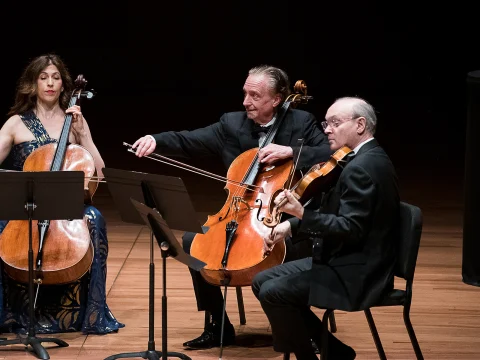 Production shot of The Chamber Music Society of Lincoln Center: Summer Evenings I in New York City with Chad Hoopes, Kristin Lee, violin; Matthew Lipman, Paul Neubauer, viola; David Finckel, cello