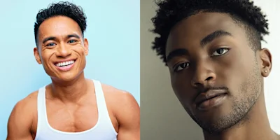 Side-by-side portrait of two men: one with short dark hair smiling in a white tank top, the other with short curly hair and a neutral expression, wearing a small earring.