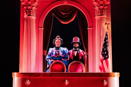 Production shot of Oh, Mary! in New York, with Jinkx Monsoon and Kumail Nanjiani.