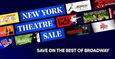 A blue banner reads "New York Theatre Sale. Save on the best of Broadway," surrounded by posters for popular Broadway shows.