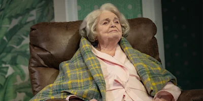 An elderly woman with gray hair sits in a brown recliner, wearing a pink robe and covered with a yellow and green plaid blanket.