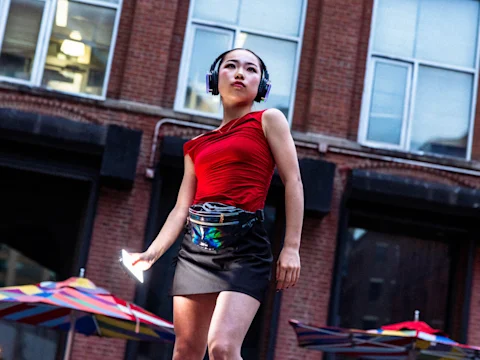 A person wearing headphones, a red top, black skirt, and iridescent fanny pack stands outdoors in front of a brick building, holding a smartphone.