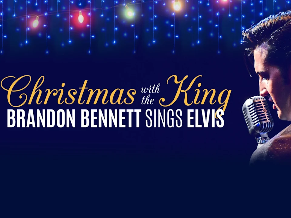 A singer performs with a vintage microphone under string lights. Text reads, "Christmas with the King: Brandon Bennett Sings Elvis.