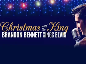 A singer performs with a vintage microphone under string lights. Text reads, "Christmas with the King: Brandon Bennett Sings Elvis.