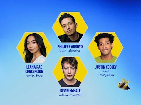 Four people in hexagonal frames labeled Leana Rae Concepcion, Philippe Arroyo, Justin Cooley, and Kevin McHale, with a bee and a blue sky background.
