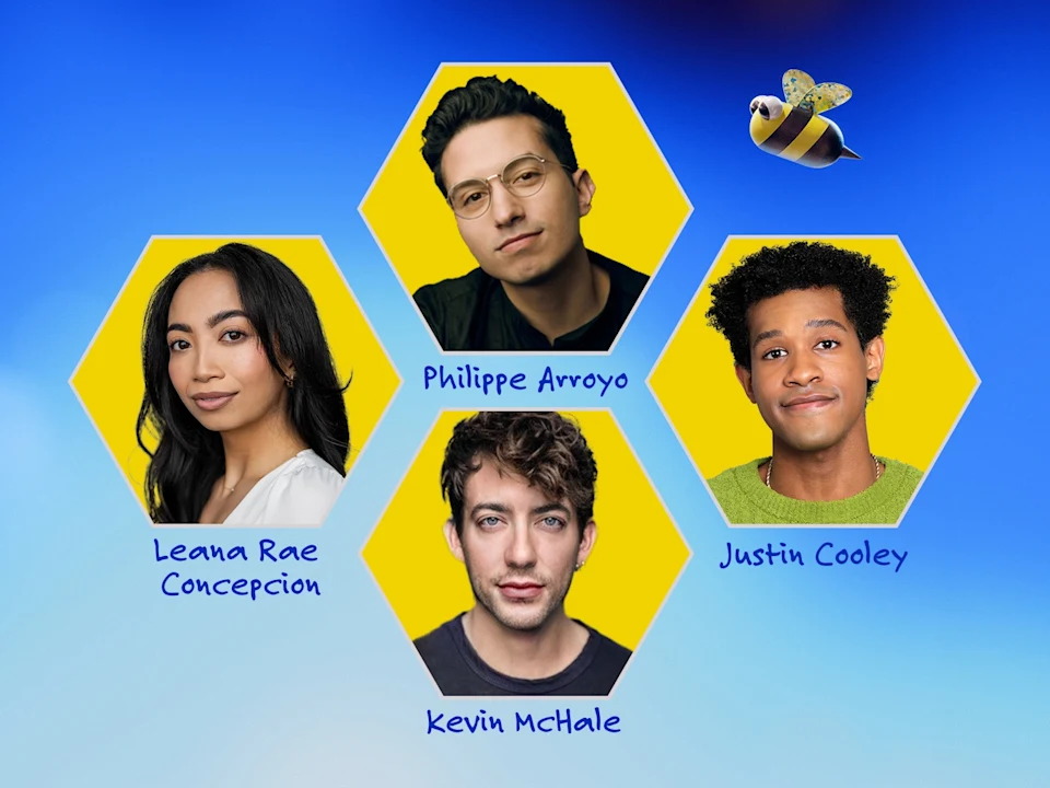 Four people in hexagonal frames labeled Leana Rae Concepcion, Philippe Arroyo, Justin Cooley, and Kevin McHale, with a bee and a blue sky background.