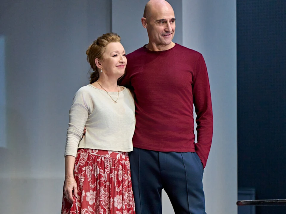 Photo of Lesley Manville as Jocasta and Mark Strong as Oedipus in Oedipus on Broadway.