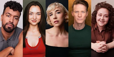 Five people sit or stand side by side, facing the camera, each with a neutral or slight smile, against plain or softly colored backgrounds.