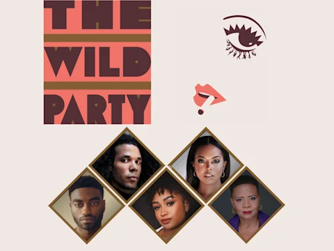 Graphic with "The Wild Party" text, stylized eye, and lips with question mark. Below are portraits of five people in diamond frames.