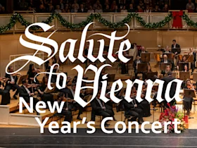 Orchestra performing on stage with holiday decorations, featuring text "Salute to Vienna New Year's Concert" overlayed prominently in the foreground.