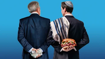 Two men in suits standing back-to-back, one holding a stack of cash and the other holding a large pastrami sandwich with a tallit draped over his shoulder.