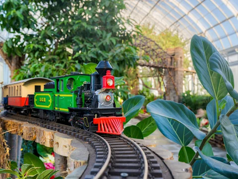 A model train with a green engine and red front moves along a raised track in a greenhouse filled with plants and natural light.