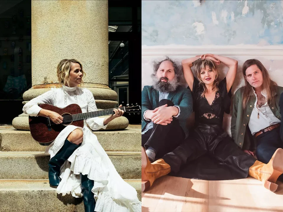 The image shows a person playing guitar on stone steps beside a photo of three people sitting on a wooden floor against a wall.