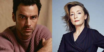 A man in a mauve sweater and a woman in a dark striped top pose separately against neutral backgrounds in a split image.