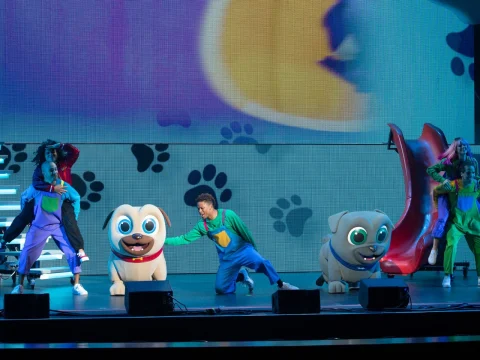 Performers on stage in colorful outfits with large dog costumes in front, a slide on the right, and paw prints displayed on the background screen.