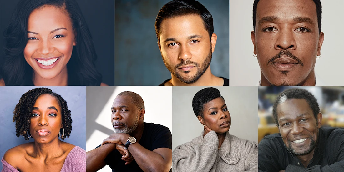 A collage of eight adults, each photographed from the shoulders up, facing the camera against simple backgrounds.