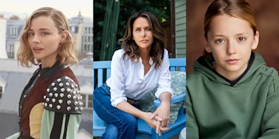 Three people in separate portraits: one with short blonde hair outdoors, one with dark hair sitting on a blue bench, and one with light brown hair wearing a green hoodie.