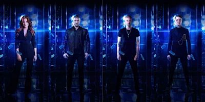 Four people stand in a row against a blue, futuristic background with floating digital cards.