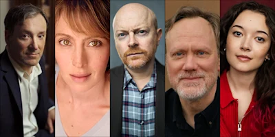 Five people are shown in individual portrait photos, each looking at the camera with neutral expressions against various backgrounds.