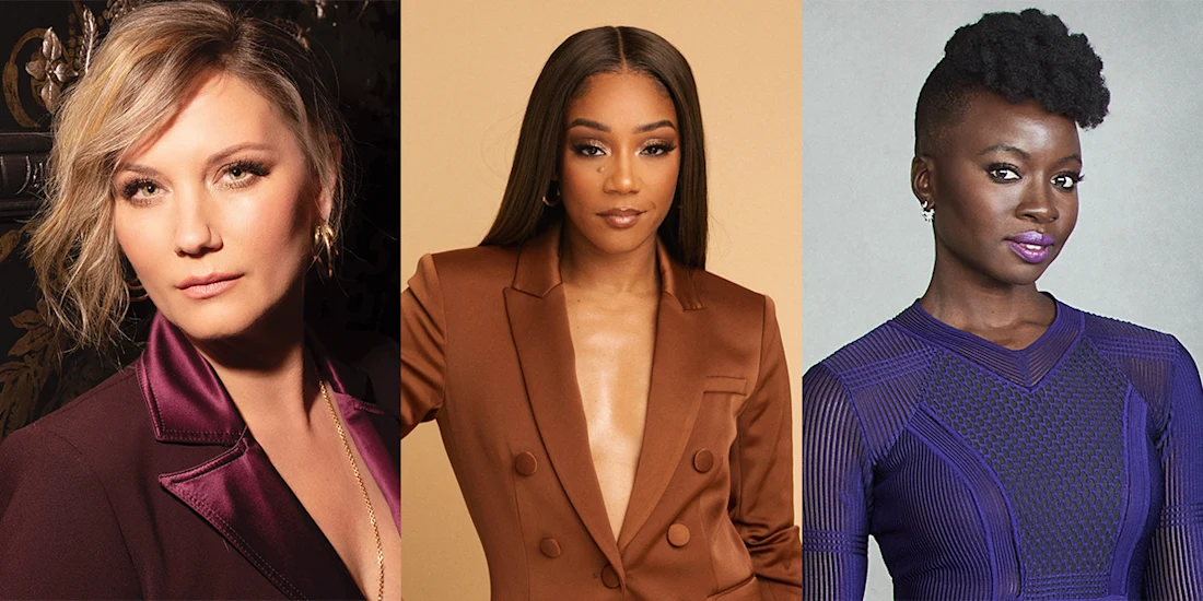 Three women pose separately against different backgrounds, each wearing distinctively styled blazers in burgundy, brown, and blue tones.