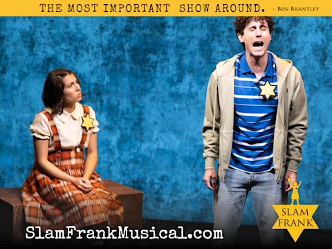 A young woman sits and looks at a standing man who is speaking emotionally; both wear yellow stars on their clothing, with a blue textured background and musical branding.