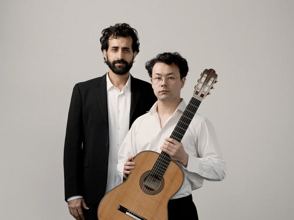 Production photo of Karim Sulayman with guitarist Sean Shibe in New York.