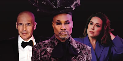 Three people pose against a dark background; one wears a tuxedo, one is in ornate patterned attire with a large hat, and one wears a blue jacket with hand behind head.
