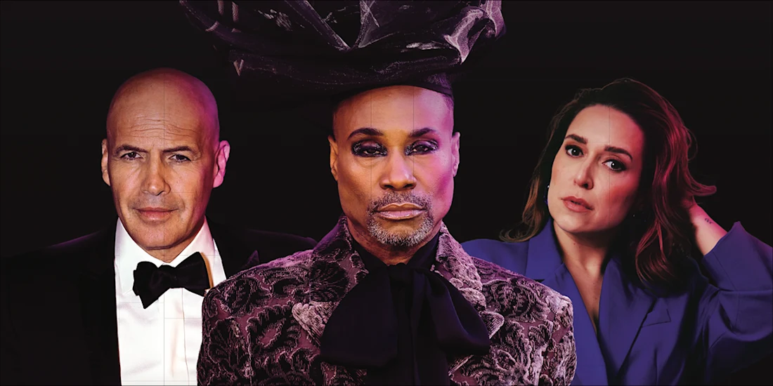 Three people pose against a dark background; one wears a tuxedo, one is in ornate patterned attire with a large hat, and one wears a blue jacket with hand behind head.