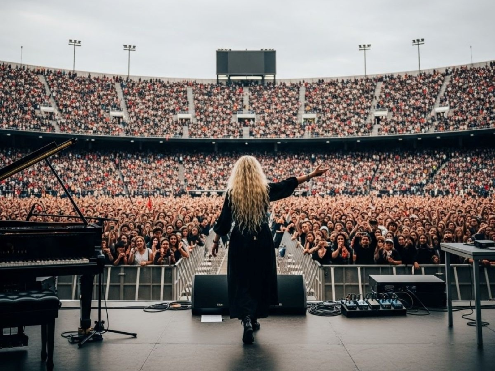 A performer with long blonde hair stands on stage facing a large, cheering crowd in a stadium during a concert, with musical equipment nearby.