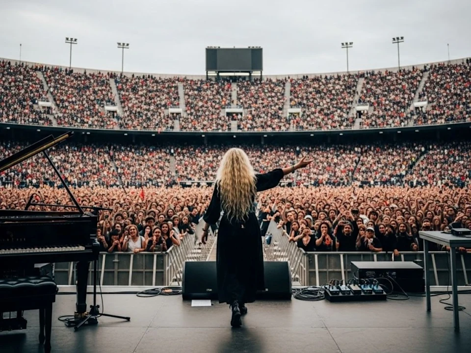 A performer with long blonde hair stands on stage facing a large, cheering crowd in a stadium during a concert, with musical equipment nearby.