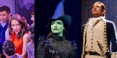 Photo: Cast of Company, Lindsay Pearce in Wicked and Miguel Cervantes in Hamilton (Photos by Brinkhoff/Mogenburg and Joan Marcus)