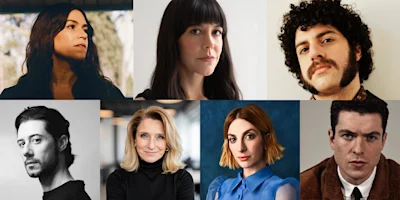 Collage of seven adults facing the camera, arranged in two rows, each with a neutral or serious expression against various backgrounds.