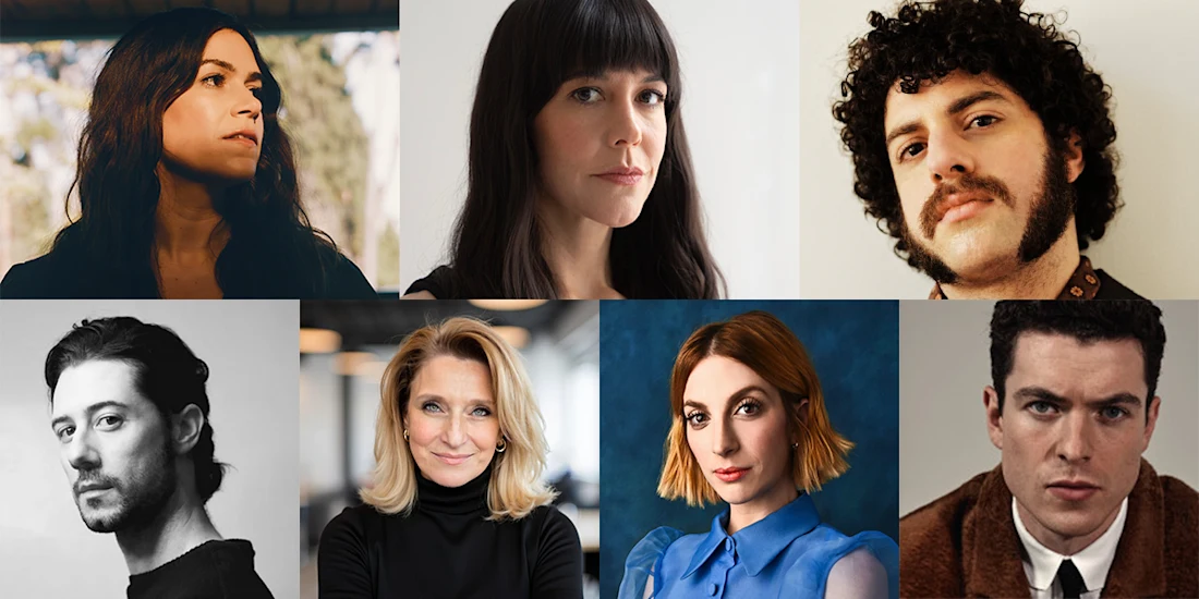 Collage of seven adults facing the camera, arranged in two rows, each with a neutral or serious expression against various backgrounds.