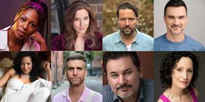 A collage of eight adults posing for individual headshots, each facing the camera with neutral or slight smiles, in various indoor and outdoor settings.