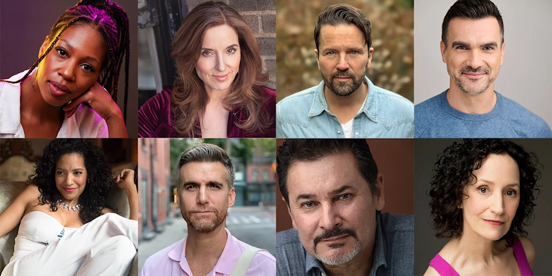 A collage of eight adults posing for individual headshots, each facing the camera with neutral or slight smiles, in various indoor and outdoor settings.