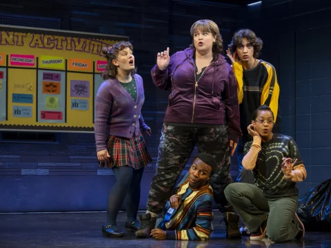 Production shot of Kimberly Akimbo in New York, with Nina White as Teresa, Bonnie Milligan as Debra, Michael Iskander as Aaron, Fernell Hogan as Martin and Olivia Elease Hardy as Delia.