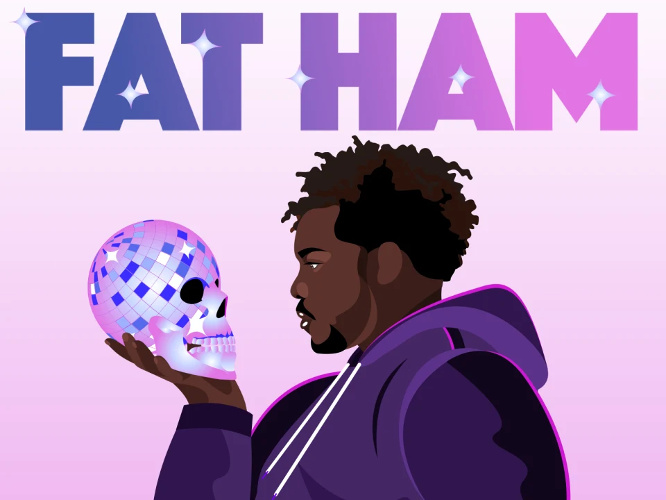 Illustration of a person in a purple hoodie holding a disco ball-like skull with the text "FAT HAM" in sparkling letters at the top.