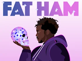 Illustration of a person in a purple hoodie holding a disco ball-like skull with the text "FAT HAM" in sparkling letters at the top.
