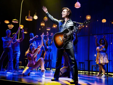 Production shot of A Beautiful Noise in Costa Mesa, with Nick Fradiani as Neil Diamond.