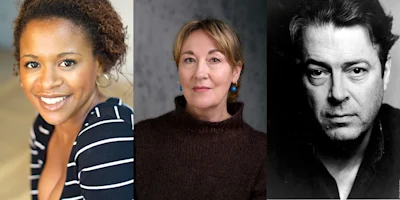 Three adults pose for portraits against different backgrounds: a woman smiling in a striped top, a woman in a dark sweater, and a man with a serious expression in black and white.