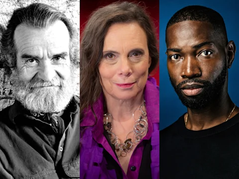 Three people are shown in portrait-style images: an older man with a beard, a middle-aged woman wearing a necklace, and a younger man with a trimmed beard.