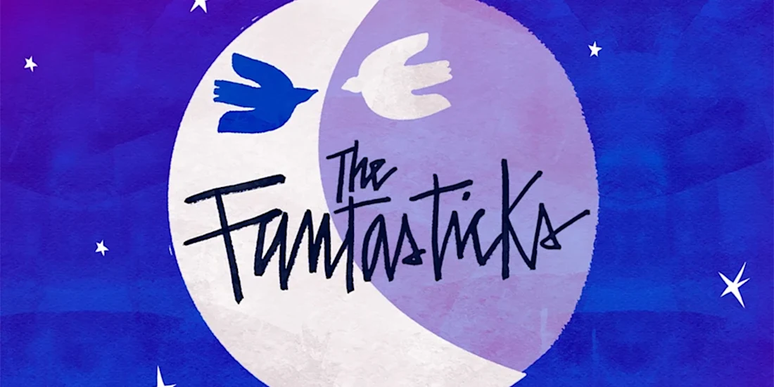 A blue and white bird fly across a moon with "The Fantasticks" written in black script against a blue starry sky background.