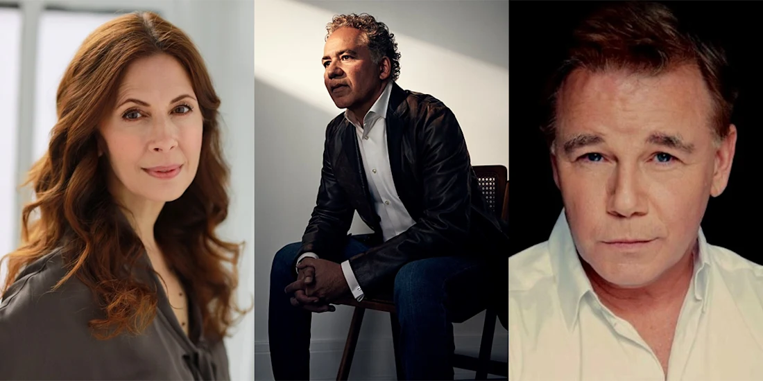 Three people are shown in separate portraits: a woman with wavy hair, a man seated in a jacket and shirt, and a man in a white collared shirt, all facing the camera.