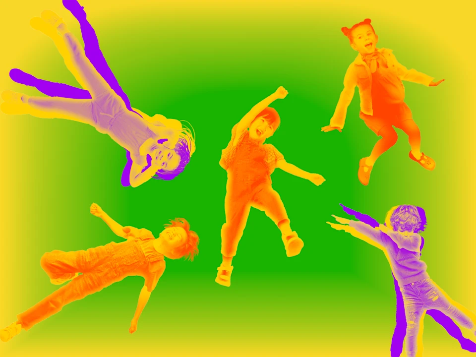 Five children are jumping or posing energetically against a green and yellow gradient background, with each child colored in a different vibrant hue.