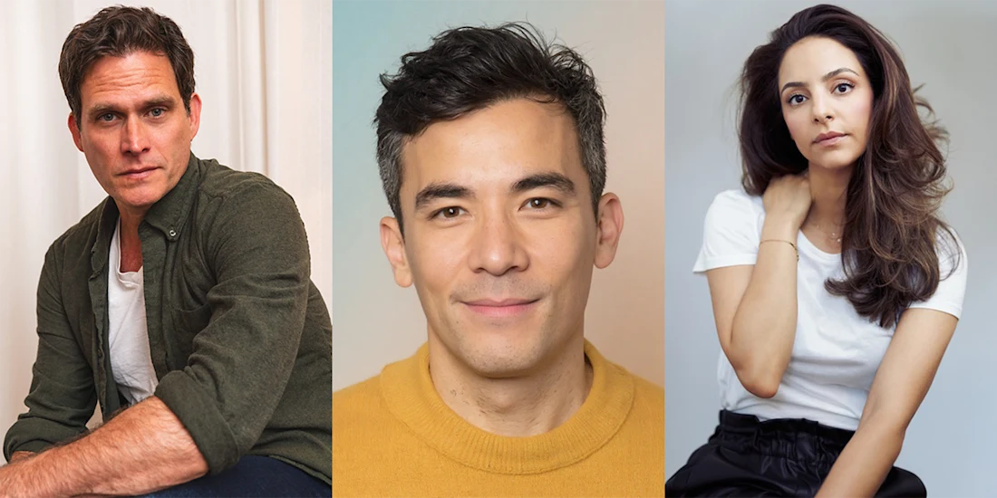 Three people are shown in separate portraits: a man in a green shirt, a man in a yellow sweater, and a woman in a white t-shirt against neutral backgrounds.
