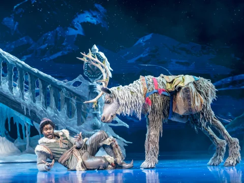 Production shot of Frozen the Musical in London, with Jammy Kasongo as Kristoff.
