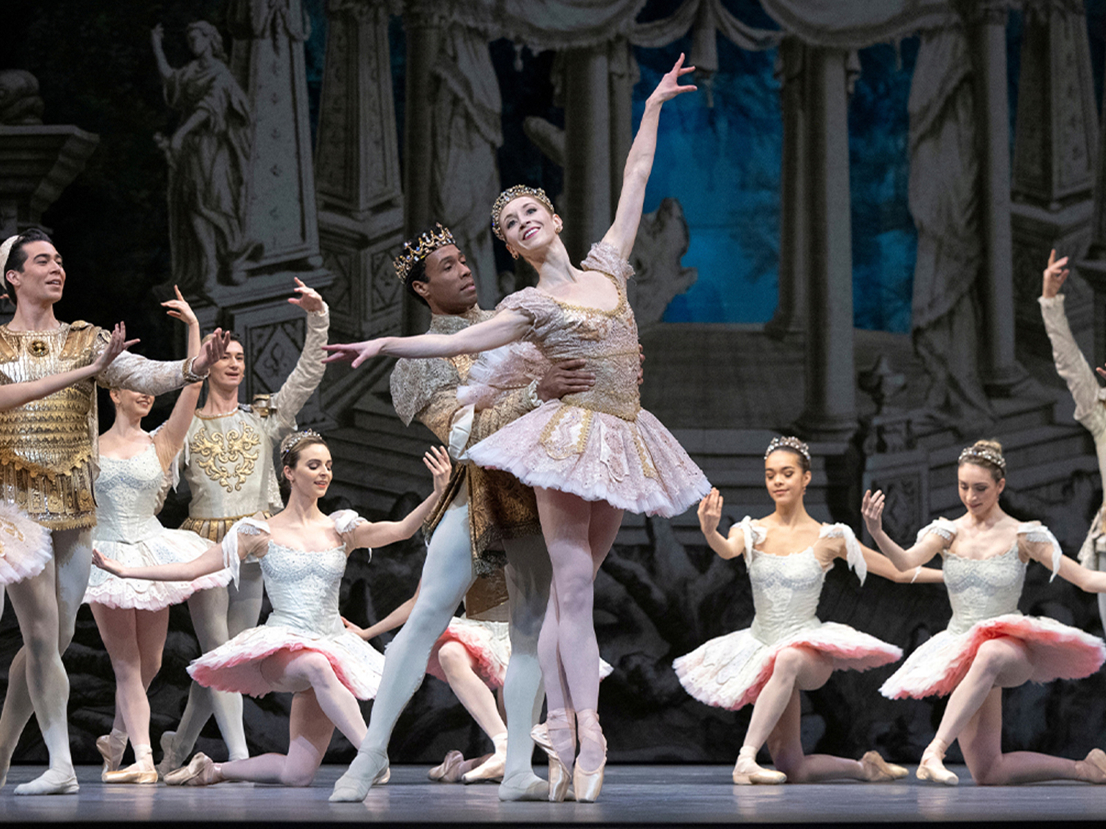 Production shot of A Midsummer Night's Dream in San Francisco showing an ensemble celebration.